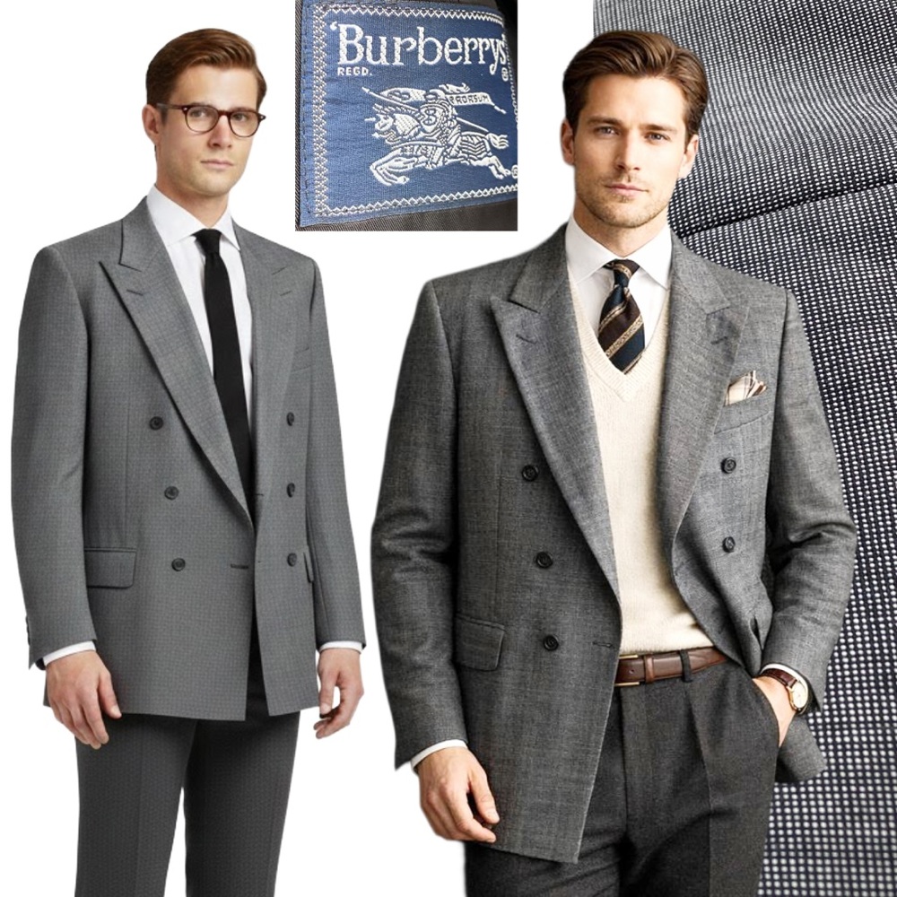 Burberry Men’s Vtg Double Breasted Wool Blazer Sport Coat Gray Micro Pattern 48L